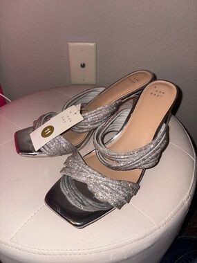 Silver Sparkle Strappy Slide Heels
